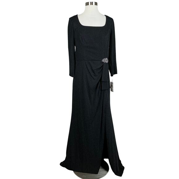 Alex Evenings Women's Formal Dress Size 12 Black Metallic Knit Long Sleeve Gown - Picture 1 of 12